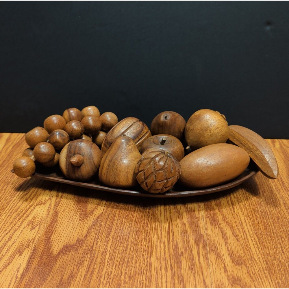 ​VTG Wooden 10 piece Decorative Fruit Set with Leaf Tray Centerpiece Bowl MCM